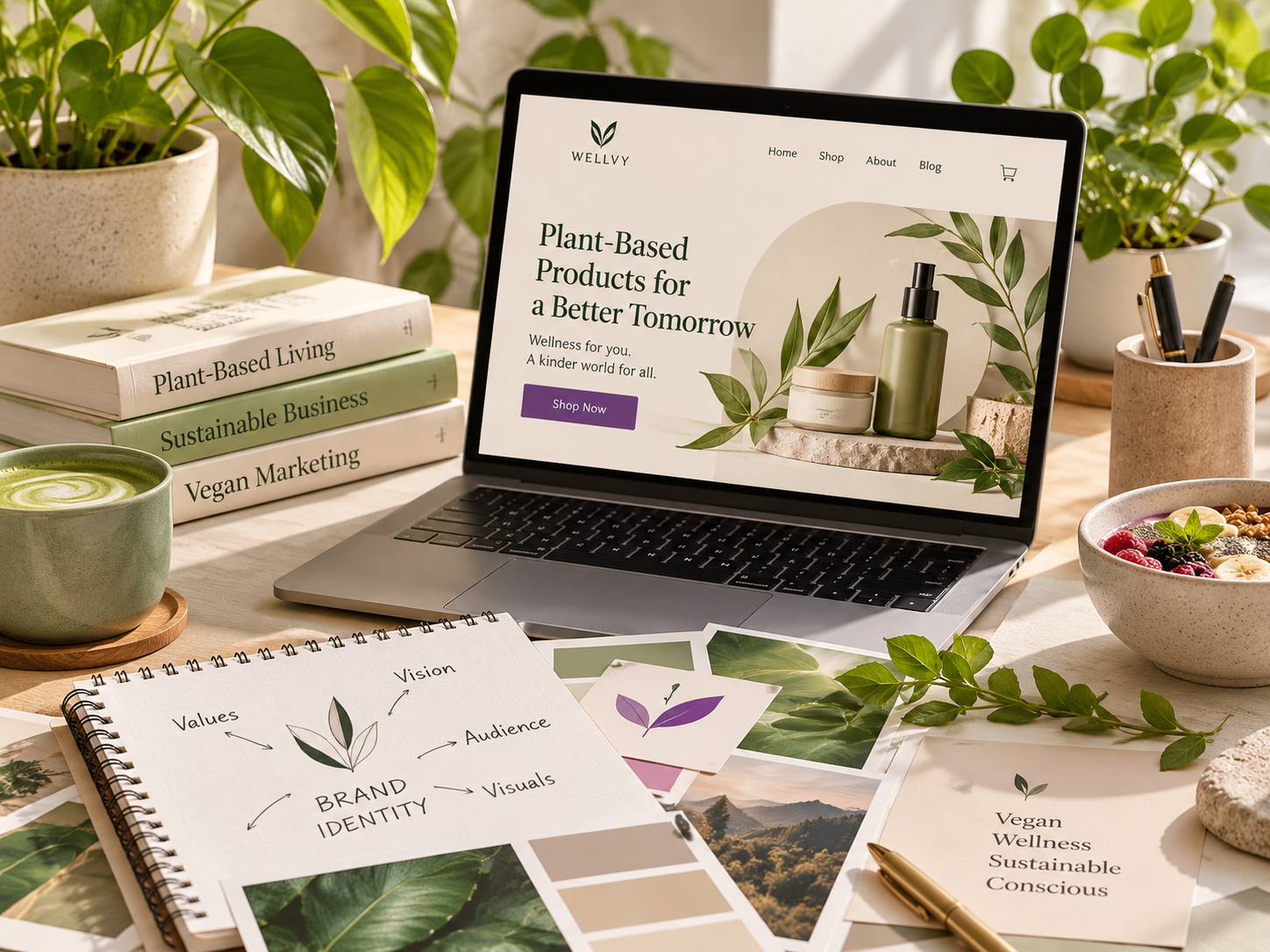 How to Build a Strong Brand Identity for Your Vegan Business vegan branding workspace moodboard