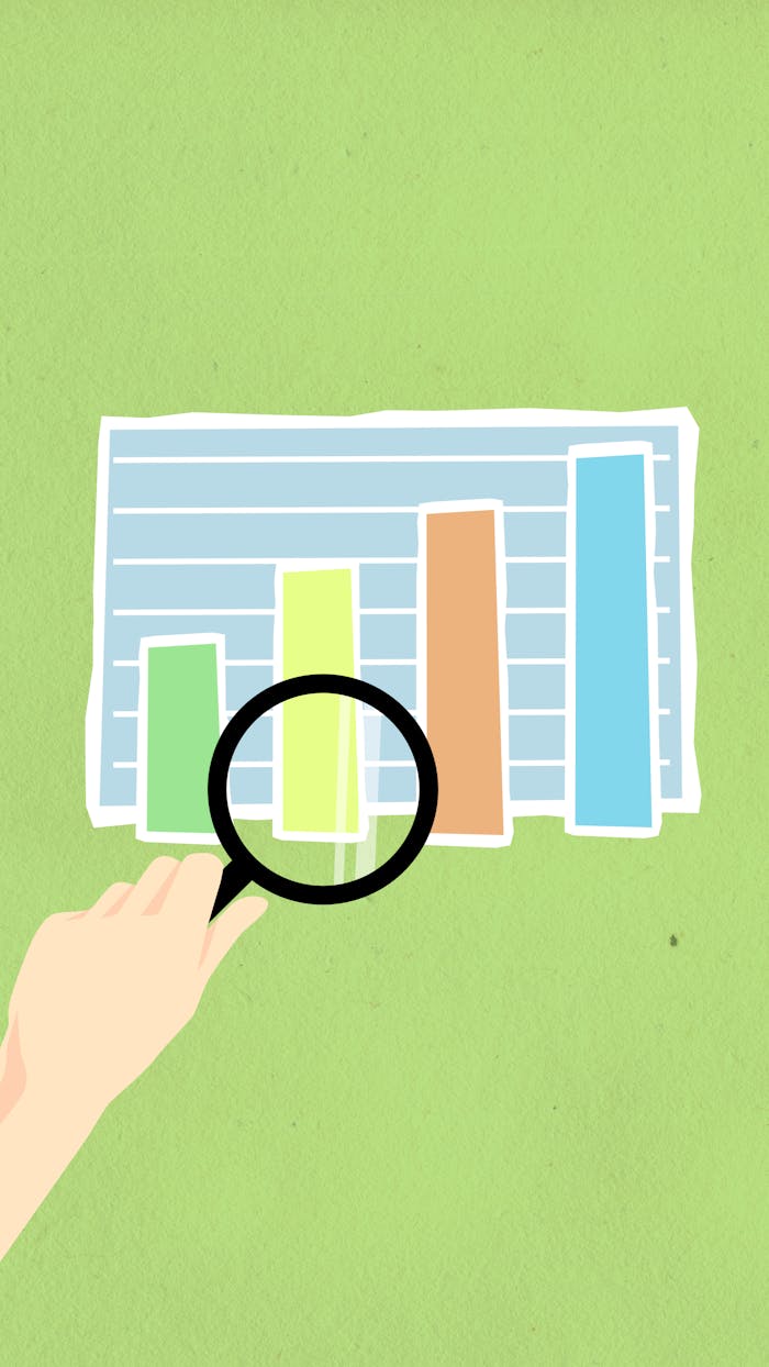 why-choose-us Colorful bar chart illustration with hand and magnifying glass on green background.